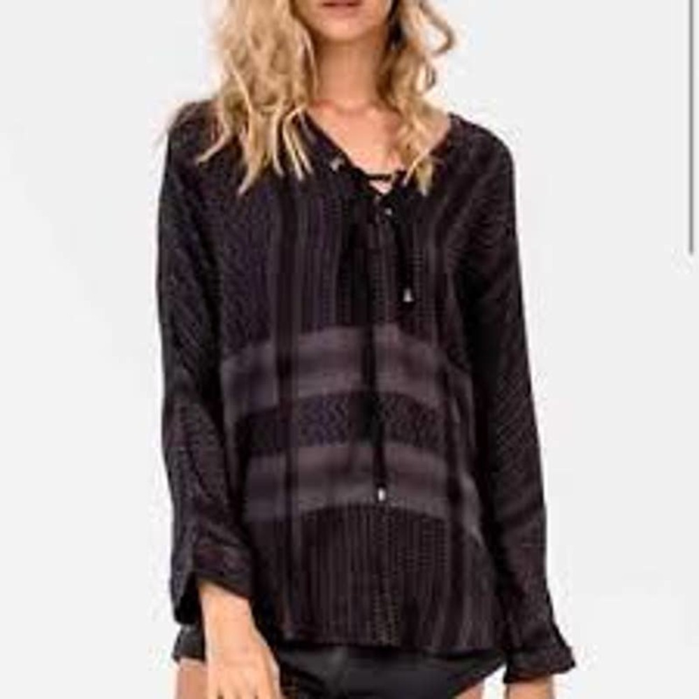 RAILS Lily Pullover Blouse Top Onyx Jacquard Small Tunic Lace Up Boho Beachy